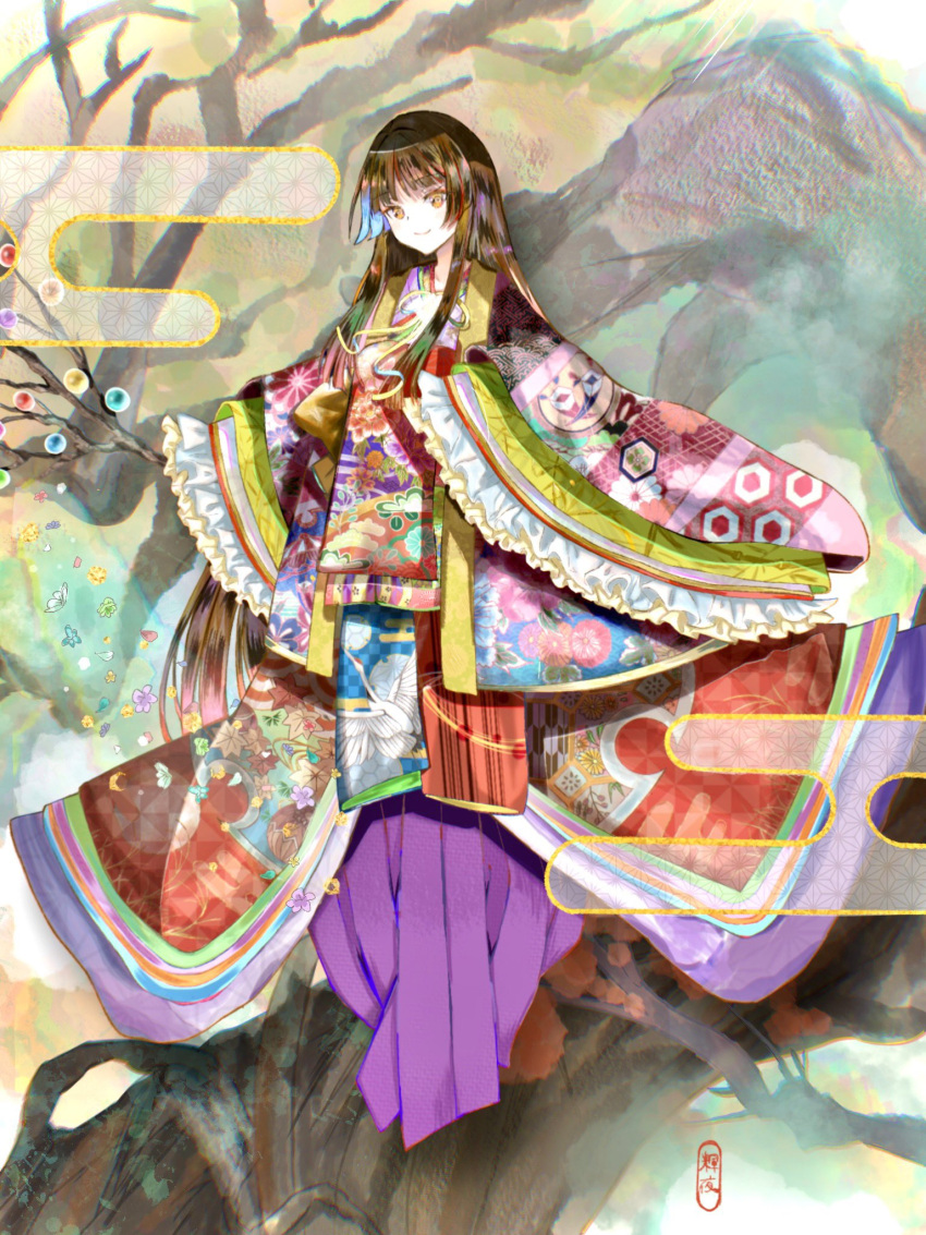 1girl airis0327 bare_tree branch brown_hair dot_nose dress floral_background frills highres hime_cut holding houraisan_kaguya japanese_clothes jeweled_branch_of_hourai kimono long_hair long_sleeves looking_at_viewer multicolored_clothes multicolored_dress multicolored_hair smile solo standing touhou tree very_long_hair wide_sleeves yellow_eyes