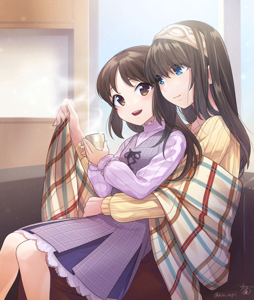 2girls age_difference argyle_hairband blush brown_hair commission couch cup dress feet_out_of_frame highres holding holding_cup hug hug_from_behind idolmaster idolmaster_cinderella_girls indoors kio_mpi long_sleeves looking_at_another multiple_girls on_couch plaid_shawl puffy_long_sleeves puffy_sleeves purple_dress ribbed_shirt sagisawa_fumika shawl shirt signature sitting sitting_on_person skeb_commission smile steam straight_hair tachibana_arisu twitter_username yuri