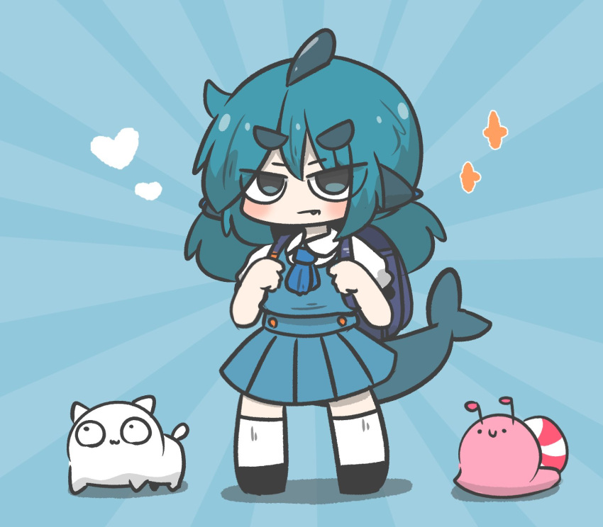 1girl backpack bag black_footwear blue_background blue_dress blue_eyes blue_hair closed_mouth collared_shirt commentary_request dress fang fang_out fins fish_tail fuka-chan heart highres kneehighs kyoufuu_all_back_(vocaloid) looking_at_viewer original pinafore_dress pleated_dress randoseru shark_tail shirt shoes short_eyebrows sleeveless sleeveless_dress socks solo sunburst sunburst_background tail thick_eyebrows uni_souchou v-shaped_eyebrows white_shirt white_socks