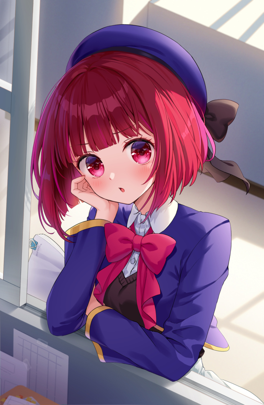 1girl :o arima_kana artist_name beret black_bow black_ribbon black_vest blue_headwear blue_jacket bob_cut bow bowtie collared_shirt cropped_jacket hand_on_own_cheek hand_on_own_face hat hat_bow head_rest highres holding holding_paper inverted_bob jacket light_blush looking_at_viewer moorina no_pupils oshi_no_ko paper parted_lips pink_bow pink_bowtie red_eyes redhead ribbon school_uniform shirt short_hair solo vest white_shirt youtou_high_school_uniform