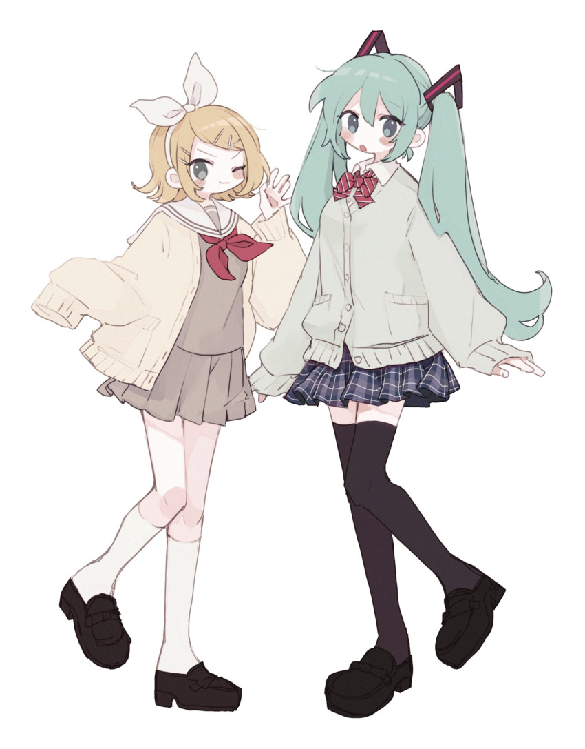 2girls az1199 black_thighhighs blonde_hair blue_eyes blue_hair blue_skirt bow brown_footwear cardigan diagonal-striped_bowtie grey_cardigan grey_serafuku grey_shirt grey_skirt hairband hatsune_miku highres kagamine_rin kamiyama_high_school_uniform_(project_sekai) loafers long_hair long_sleeves multiple_girls neckerchief open_cardigan open_clothes plaid plaid_skirt pleated_skirt project_sekai red_neckerchief sailor_collar school_uniform serafuku shirt shoes short_hair skirt socks thigh-highs twintails very_long_hair vocaloid white_bow white_hairband white_sailor_collar white_shirt white_socks yellow_cardigan