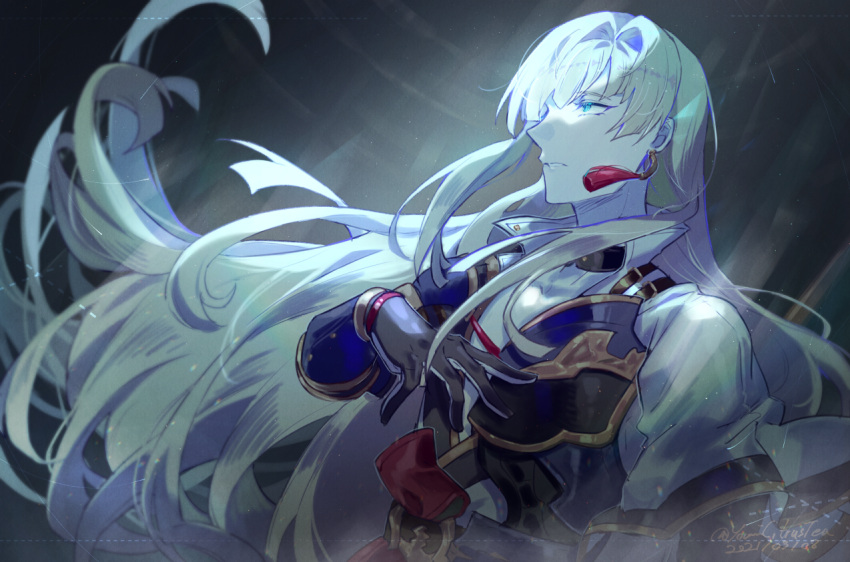 1boy aqua_eyes armor belt black_belt black_collar blonde_hair blunt_bangs cassius_(granblue_fantasy) collar earrings granblue_fantasy hair_intakes hand_on_own_chest jewelry long_hair looking_ahead male_focus parted_lips plunging_neckline popped_collar profile shirt single_earring solo tassel tassel_earrings upper_body vambraces white_shirt youmicitrustea