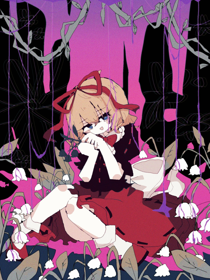 1girl black_shirt blonde_hair blue_eyes bow bubble_skirt flower frilled_shirt frilled_shirt_collar frilled_sleeves frills hair_bow highres kagiyama0303 legs lily_of_the_valley looking_at_viewer medicine_melancholy open_mouth plant poison puffy_short_sleeves puffy_sleeves red_bow red_footwear red_ribbon red_skirt ribbon shirt short_hair short_sleeves skirt solo thick_eyelashes touhou vines wavy_hair
