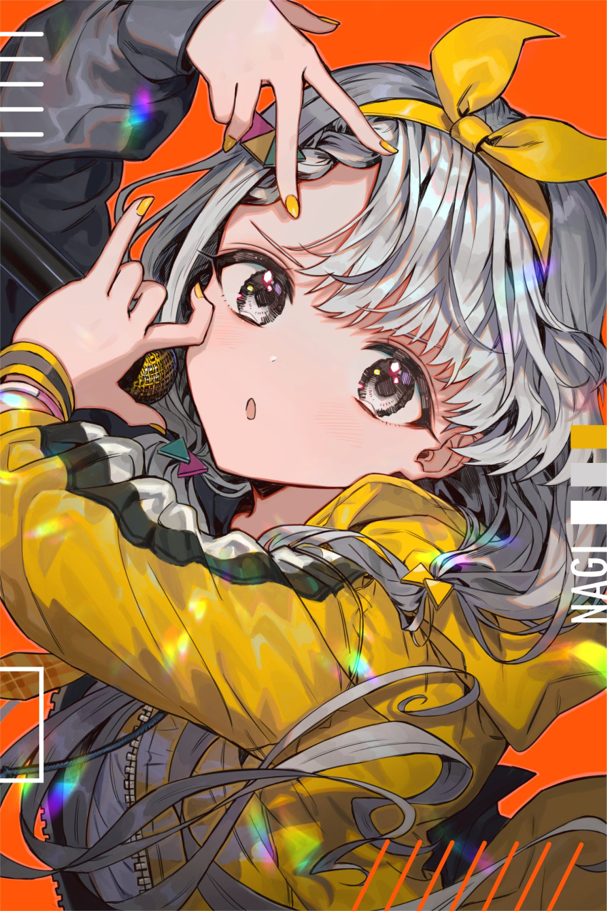 absurdres bow bow_hairband braid braided_bangs commentary_request fujishiro74 grey_hair hair_bow hairband highres hisakawa_nagi hood hood_down hooded_jacket idolmaster idolmaster_cinderella_girls jacket long_hair looking_at_viewer low_twintails open_mouth orange_background rapping twintails upper_body very_long_hair w yellow_bow yellow_hairband yellow_jacket yellow_nails