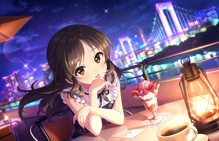 1girl blurry blurry_background blush bokeh bridge brown_hair coffee_cup cup depth_of_field disposable_cup dress dutch_angle elbow_rest floating_hair food fruit idolmaster idolmaster_cinderella_girls idolmaster_cinderella_girls_starlight_stage lantern lens_flare looking_at_viewer night official_art outdoors parfait sleeveless sleeveless_dress solo steam strawberry tachibana_arisu