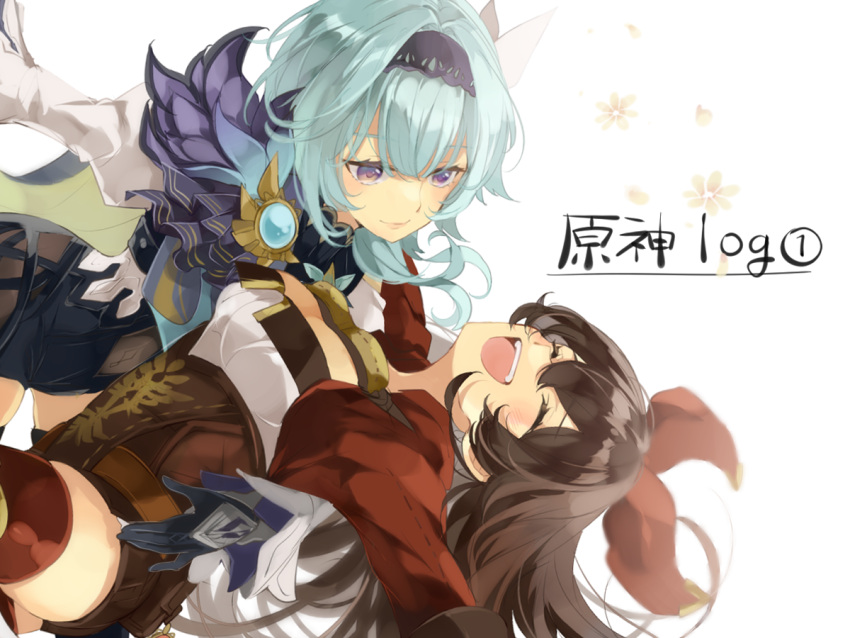 2girls amber_(genshin_impact) arm_up black_gloves black_hairband black_shorts blue_gemstone blue_hair blush breasts brown_hair brown_shorts closed_eyes closed_mouth collared_jacket eula_(genshin_impact) flower fur-trimmed_jacket fur_trim gem genshin_impact gloves goggles goggles_around_neck hair_between_eyes hair_ribbon hairband happy jacket juliet_sleeves long_hair long_sleeves looking_at_another looking_down medium_breasts multiple_girls naruka_(ynarukay) open_clothes open_jacket open_mouth orange_flower puffy_sleeves red_jacket red_ribbon red_thighhighs ribbon short_shorts shorts simple_background smile standing teeth thigh-highs tongue vision_(genshin_impact) white_background white_jacket