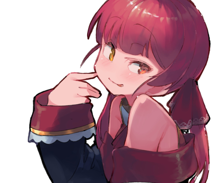 1girl :p bare_shoulders blunt_bangs blush hair_ribbon heterochromia highres hololive houshou_marine long_hair long_sleeves looking_at_viewer low_twintails red_eyes redhead ribbon shimazaki1152 simple_background solo tongue tongue_out twintails upper_body virtual_youtuber white_background yellow_eyes