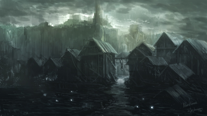 artist_name bloodborne clouds copyright_name corpse highres house no_humans outdoors scenery tripdancer village water
