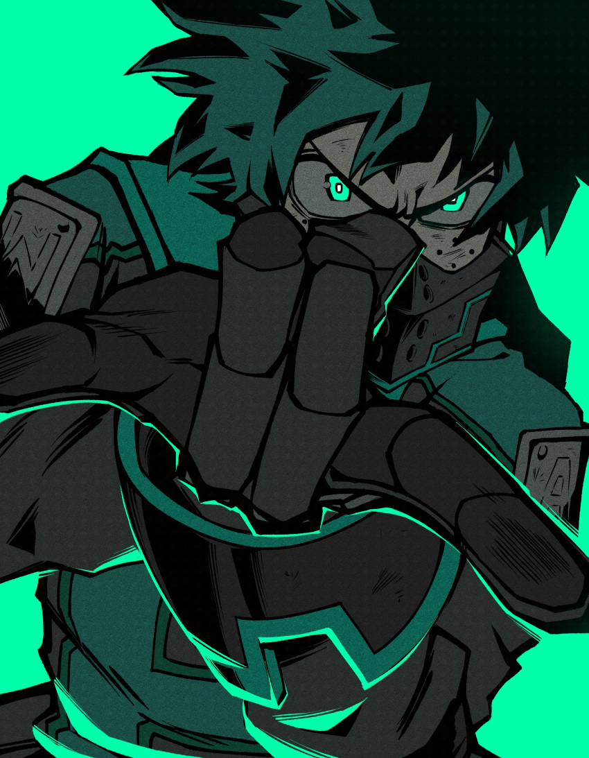 1boy \n/ absurdres badge black_bodysuit black_gloves bodysuit boku_no_hero_academia bright_pupils clothing_request commentary covered_mouth film_grain flat_color flick foreshortening freckles furrowed_brow gloves glowing glowing_eyes green_background green_eyes green_hair green_theme halftone hands_up highres incoming_attack limited_palette looking_at_viewer male_focus midoriya_izuku obariln official_alternate_costume outstretched_arm scratches serious short_hair simple_background solo thick_outlines upper_body v-shaped_eyebrows white_pupils
