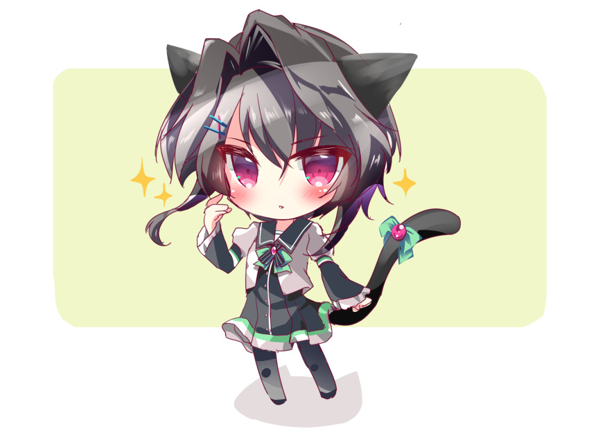 1girl 9-nine- absurdres animal_ears asahina_yori black_dress black_hair black_pantyhose blue_sailor_collar blush bow cat_ears cat_girl cat_tail chibi commentary crossed_bangs dress eyes_visible_through_hair frilled_sleeves frills green_bow hair_between_eyes hair_intakes hair_ornament hairclip hand_up highres juliet_sleeves long_sleeves looking_at_viewer pantyhose parted_lips pleated_dress puffy_sleeves red_eyes sailor_collar school_uniform shirt short_hair_with_long_locks simple_background solo sparkle standing tail tail_bow tail_ornament white_background white_shirt wide_sleeves yellow_background yuuki_noa