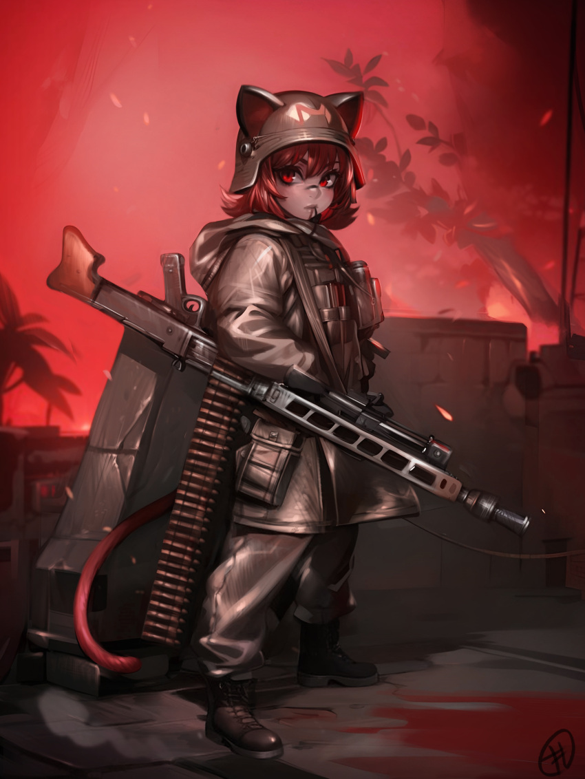 1girl absurdres ammunition ammunition_belt animal_ears barrel_shroud bipod boots brown_coat brown_headwear brown_pants building bullet cat_ears cat_girl coat combat_helmet ears_through_headwear facial_tattoo filemonte full_body general-purpose_machine_gun gun helmet highres hood long_sleeves machine_gun mg3 original outdoors pants pouch red_background red_eyes red_sky redhead rifle_cartridge sky solo sparks standing tattoo tree wall weapon