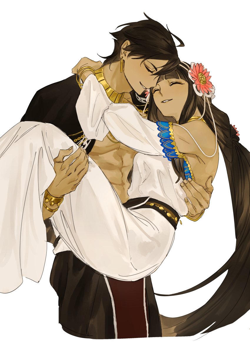 1boy 1girl abs absurdres ahoge black_jacket bracelet brown_hair closed_eyes couple dark-skinned_female dark-skinned_male dark_skin earrings egyptian egyptian_clothes fate/grand_order fate_(series) flower hair_flower hair_ornament highres jacket jewelry necklace nefertari_(fate) open_clothes open_jacket ozymandias_(fate) robe short_hair simple_background smile u_raida0 white_background white_robe