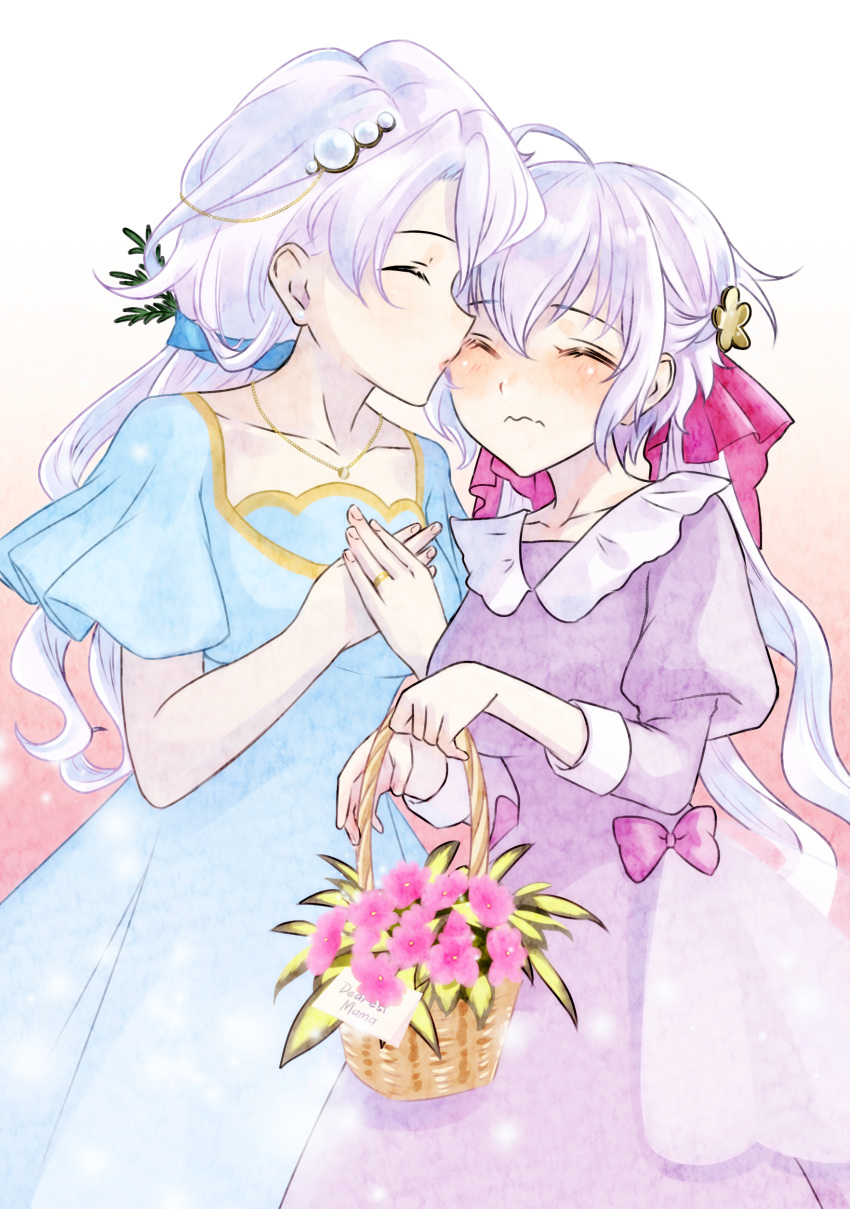 2girls absurdres age_difference axia-chan basket blue_dress blush closed_eyes dress flower grey_hair hair_ribbon highres holding holding_basket jewelry kiss long_hair long_sleeves mother's_day mother_and_daughter multiple_girls purple_dress purple_ribbon ribbon ring senki_zesshou_symphogear short_sleeves sonnet_m._yukine twintails wedding_ring yukine_chris