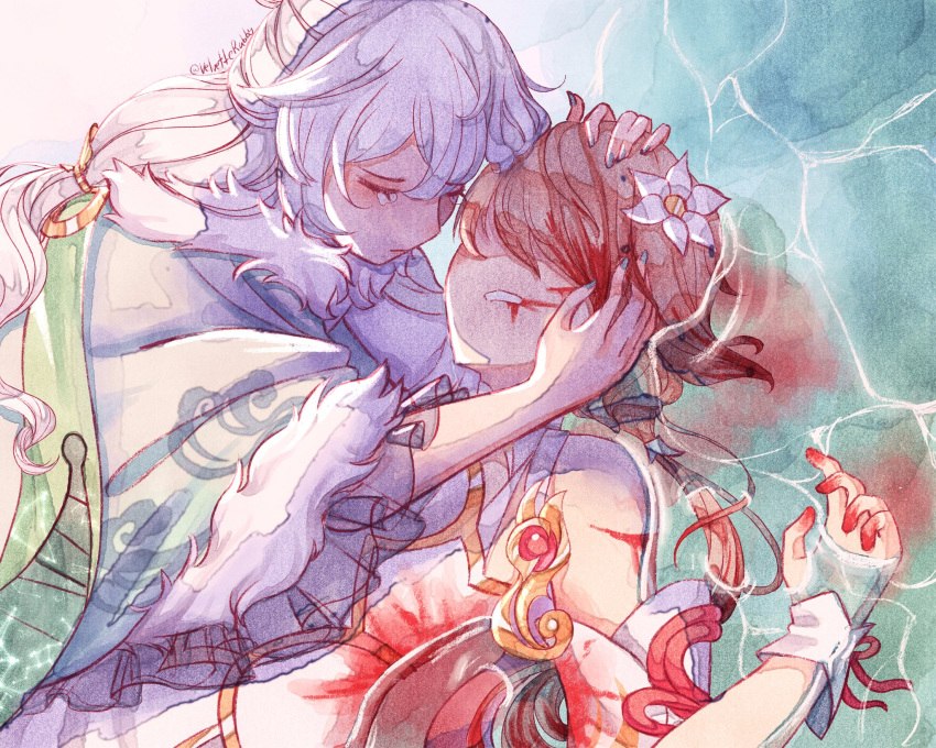 2girls blood blood_on_clothes blood_on_face blue_nails brown_hair china_dress chinese_clothes closed_eyes closed_mouth dress english_commentary flower hair_flower hair_ornament highres honkai_(series) honkai_impact_3rd long_hair lying multiple_girls nail_polish on_back red_nails rita_rossweisse rita_rossweisse_(artemis) theresa_apocalypse theresa_apocalypse_(starlit_astrologos) velvetterabby water wet wet_clothes white_flower white_hair zhuge_kongming_(honkai_impact)