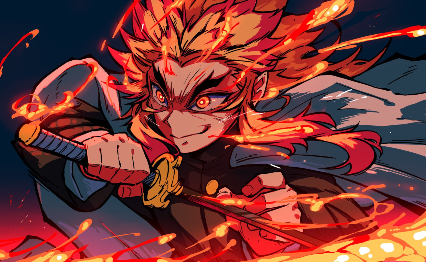 1boy black_jacket cape closed_mouth demon_slayer_uniform fire forked_eyebrows highres holding holding_sword holding_weapon jacket kimetsu_no_yaiba long_sleeves male_focus multicolored_hair orange_eyes orange_hair redhead rengoku_kyoujurou shimazaki1152 simple_background smirk solo sword thick_eyebrows upper_body weapon white_cape