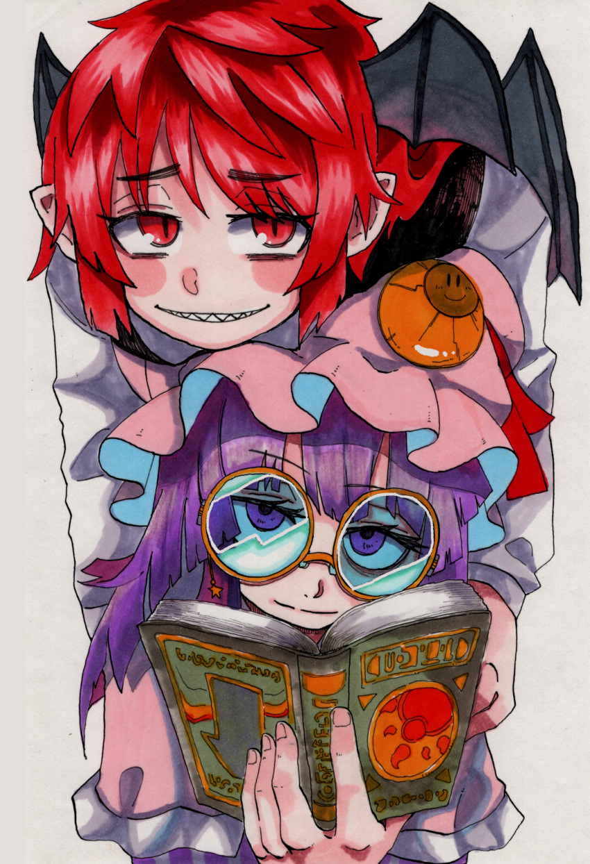 2girls bat_wings blush_stickers book closed_mouth crescent crescent_hat_ornament crescent_pin demon_wings dress frills glasses grey_background grin hand_on_another's_shoulder hat hat_ornament head_wings highres holding holding_book inuyama_konan koakuma leaning_on_person light_smile long_hair long_sleeves looking_at_viewer medium_hair mob_cap multiple_girls patchouli_knowledge pointy_ears purple_hair red_eyes red_ribbon redhead ribbon round_eyewear sharp_teeth shirt simple_background slit_pupils smile star_(symbol) teeth touhou vest violet_eyes white_shirt wings