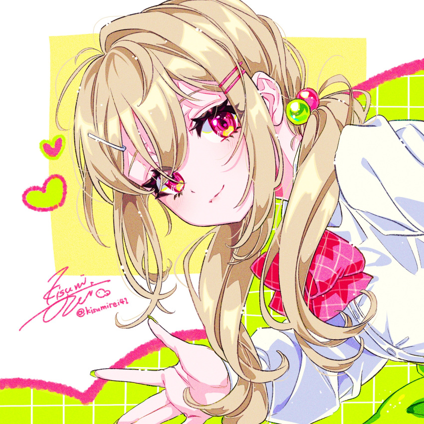 1girl blonde_hair blush bow bowtie closed_mouth denonbu green_nails hair_between_eyes hair_ornament hairclip heart highres kayano_futaba kisumi_rei long_hair long_sleeves looking_at_viewer low_twintails nail_polish pink_eyes red_bow red_bowtie shirt signature smile solo twintails twitter_username upper_body white_shirt