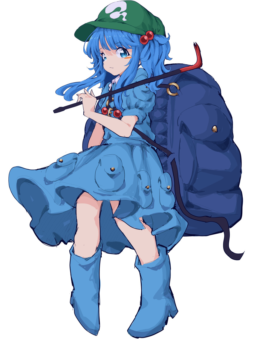 1girl :/ absurdres backpack bag blue_dress blue_eyes blue_hair blush_stickers boots breasts closed_mouth commentary_request dress full_body green_headwear hair_bobbles hair_ornament hand_up highres holding_crowbar kawashiro_nitori long_hair looking_at_viewer mugi_(mugimugi_9kv) petite puffy_short_sleeves puffy_sleeves short_sleeves sidelocks simple_background small_breasts solo touhou two_side_up white_background