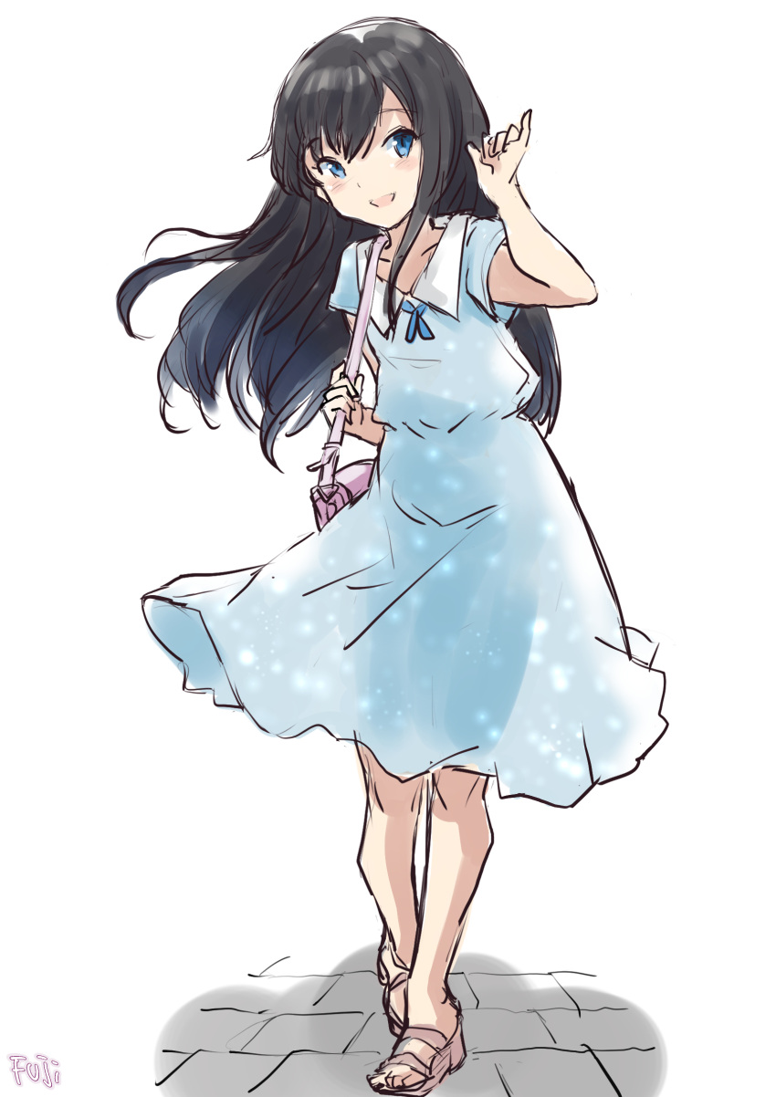 1girl alternate_costume asashio_(kancolle) bag black_hair blue_dress blue_eyes dress fuji_(pixiv24804665) full_body handbag highres kantai_collection long_hair looking_at_viewer see-through_silhouette simple_background smile solo standing toeless_footwear white_background