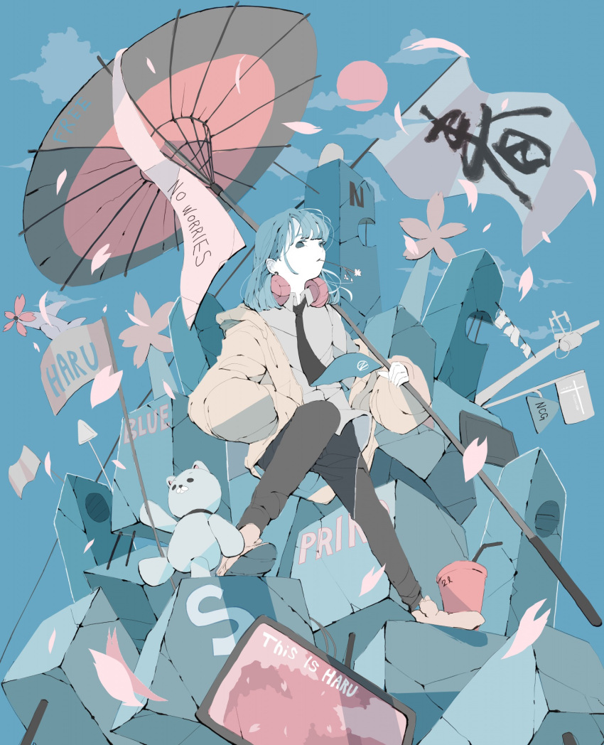 1girl black_necktie black_pants blue_background blue_eyes blue_hair clouds collared_shirt commentary_request crossed_legs falling_petals flag from_side headphones headphones_around_neck highres holding holding_umbrella hood hood_down hooded_jacket jacket long_bangs long_hair long_sleeves looking_at_viewer moon necktie no_pupils nocopyrightgirl open_clothes open_jacket original outdoors pale_skin pants parasol petals puffy_sleeves red_headphones red_moon rubble shirt shoes sitting solo stuffed_animal stuffed_toy teddy_bear umbrella white_flag white_shirt yellow_footwear yellow_jacket