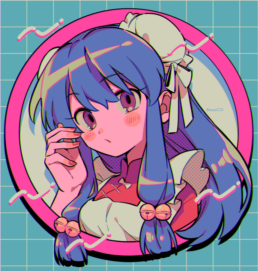 1990s_(style) 1girl artist_name blue_background blue_hair checkered_background double_bun hair_bun highres jacket long_hair maid menma_(enaic31) open_mouth original red_nails red_shirt retro_artstyle shirt solo violet_eyes white_jacket