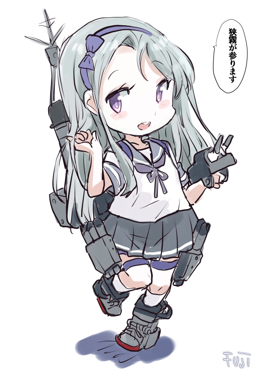 1girl adapted_turret asymmetrical_bangs bow cannon commentary_request fuji_(pixiv24804665) grey_hair grey_sailor_collar grey_skirt hairband highres kantai_collection long_hair machinery pleated_skirt purple_bow purple_hairband sagiri_(kancolle) sailor_collar school_uniform serafuku shirt short_sleeves simple_background skirt solo standing standing_on_one_leg swept_bangs torpedo_launcher translation_request turret violet_eyes white_background white_shirt