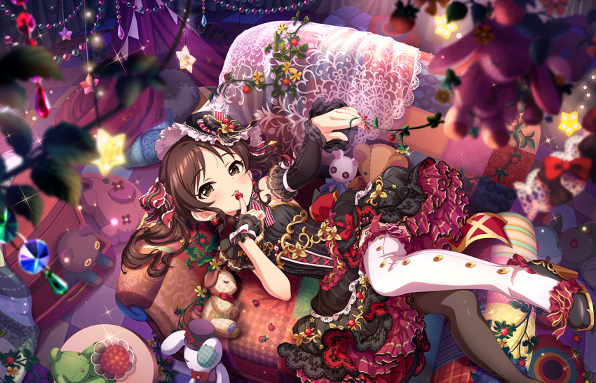 1girl black_dress black_footwear black_headwear black_pantyhose blush bow brown_eyes brown_hair couch detached_sleeves dress earrings flower food fruit hair_bow hair_ribbon hat high_heels idolmaster idolmaster_cinderella_girls idolmaster_cinderella_girls_starlight_stage indoors jewelry long_hair looking_at_viewer lying official_art open_mouth pantyhose plant red_ribbon ribbon single_detached_sleeve single_leg_pantyhose single_thighhigh smile solo strawberry stuffed_animal stuffed_rabbit stuffed_toy tachibana_arisu teddy_bear thigh-highs twintails vines white_thighhighs yellow_flower