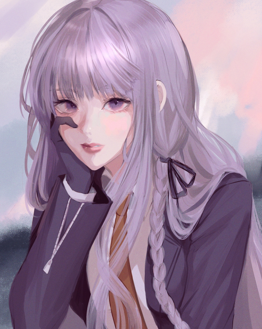 1girl black_gloves black_ribbon breasts brown_necktie closed_mouth danganronpa:_trigger_happy_havoc danganronpa_(series) gloves hair_ribbon hand_on_own_cheek hand_on_own_face hand_up highres jacket kirigiri_kyoko kkochmeli long_hair looking_at_viewer medium_breasts necktie open_clothes open_jacket pink_eyes pink_hair purple_jacket ribbon solo upper_body violet_eyes