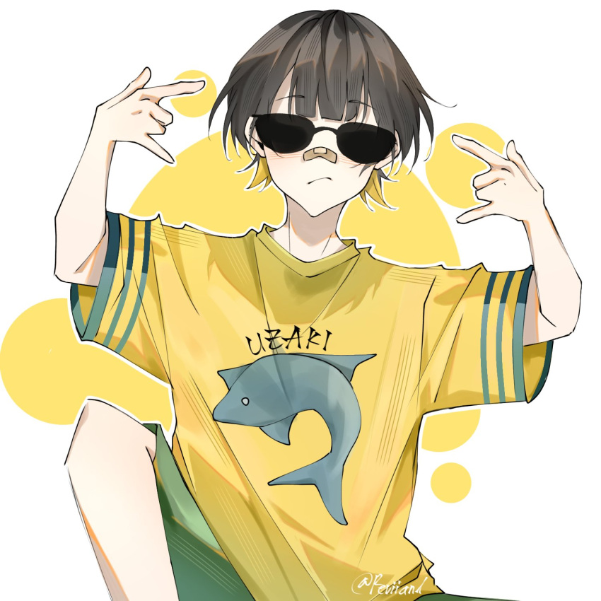 1boy bachira_meguru bandaid bandaid_on_face bandaid_on_nose black_hair blonde_hair blue_lock closed_mouth commentary english_commentary highres knee_up male_focus reviianl short_hair short_sleeves shorts solo sunglasses twitter_username white_background