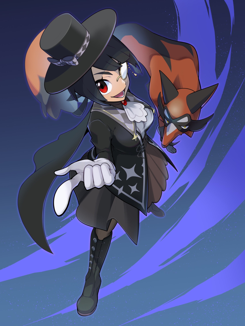 1girl :d argyle argyle_bow ascot black_cape black_dress black_footwear black_hair black_headwear black_jacket black_pantyhose black_ribbon boots bow breasts cape dress from_above full_body gem gloves hair_ribbon hat hat_bow hat_ribbon highres index_finger_raised jacket large_breasts looking_at_viewer lower_teeth_only monocle official_alternate_costume opaque_monocle open_mouth pantyhose pointing pointing_at_viewer pokemon pokemon_(creature) pokemon_(game) pokemon_masters_ex red_eyes red_gemstone ribbon short_hair smile standing star_(symbol) star_print teeth thievul white_ascot white_gloves yuro_(mangasukinoyuro) zinnia_(pokemon) zinnia_(special_costume)_(pokemon)