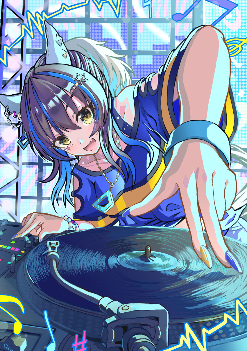 1girl animal_ears bare_shoulders bead_bracelet beads beamed_eighth_notes blue_eyes bracelet brown_hair clothing_cutout daitaku_helios_(umamusume) dj ear_covers facial_tattoo fang hair_ornament hairclip highres horse_ears horse_girl jewelry multicolored_hair multicolored_nails musical_note nail_polish necklace open_mouth rundymentos short_hair shoulder_cutout solo tattoo treble_clef turntable umamusume yellow_eyes