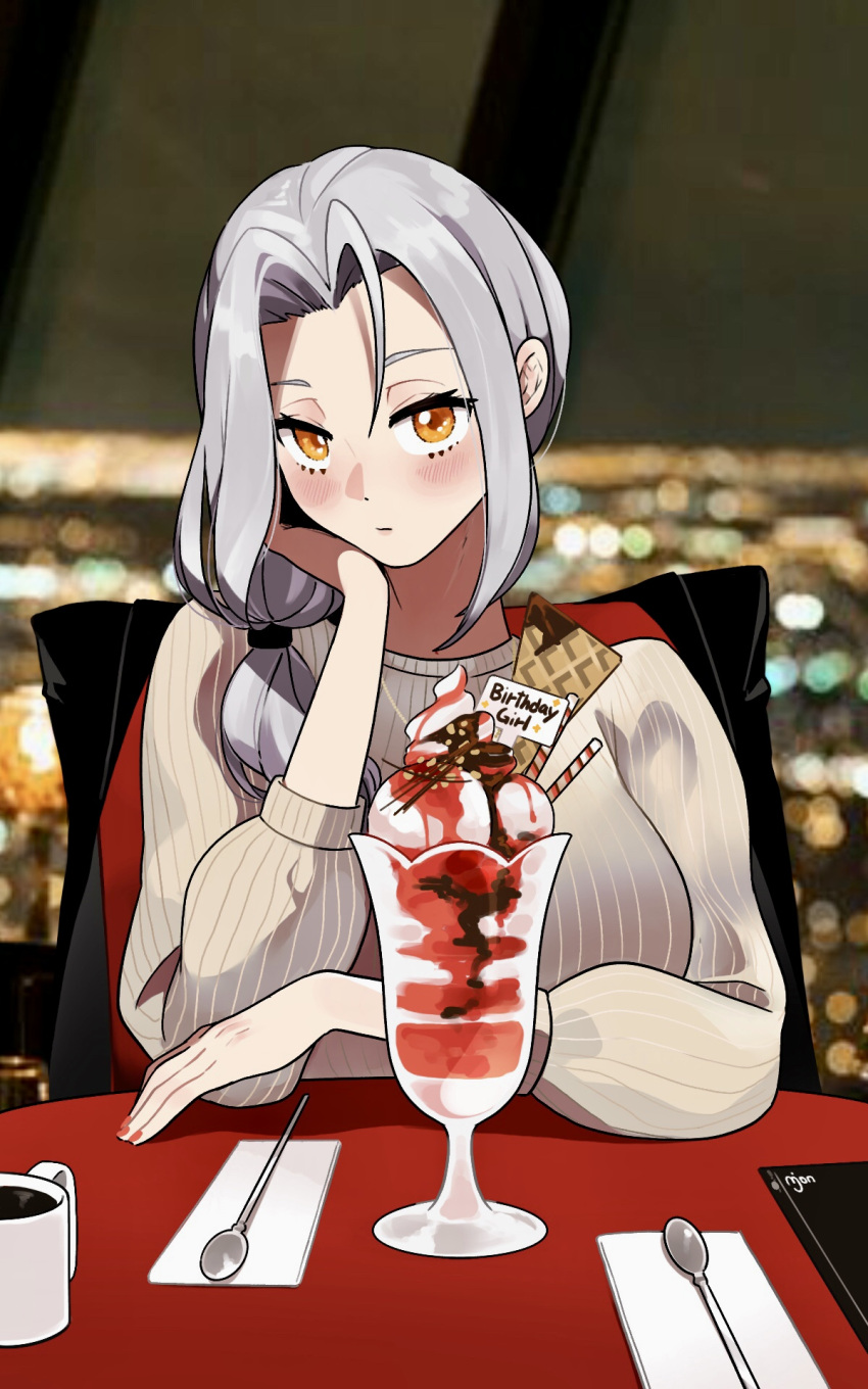 1girl alternate_costume birthday blush carmilla_(fate) chair closed_mouth commentary cup english_commentary fate/grand_order fate_(series) grey_hair head_rest highres long_hair long_sleeves looking_at_viewer monkey_jon mug ribbed_sweater side_ponytail sitting solo sweater table yellow_eyes