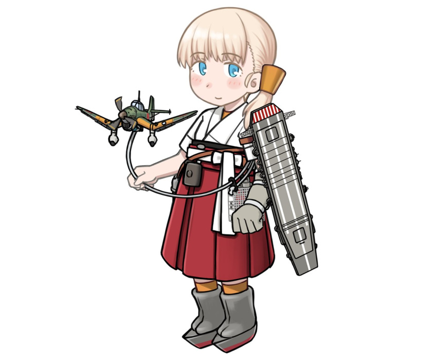 1girl aged_down blonde_hair blue_eyes blunt_bangs commentary_request dougi flight_deck hair_ornament hakama japanese_clothes ju_87 kantai_collection long_hair looking_at_viewer porusasu red_hakama shin'you_(kancolle) simple_background solo standing white_background