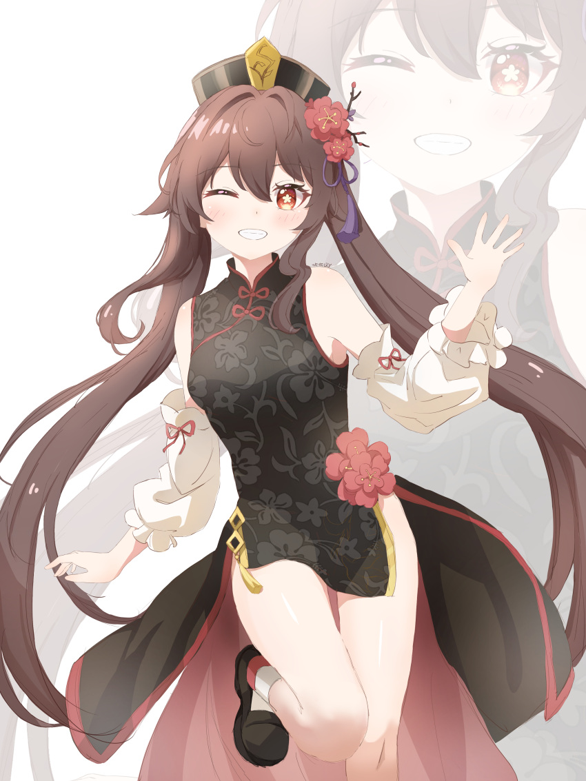 1girl ;d absurdres black_dress black_hair china_dress chinese_clothes chui_chui_qy commentary_request detached_sleeves dress flower genshin_impact hair_between_eyes hair_flower hair_ornament hat highres hu_tao_(genshin_impact) long_hair long_sleeves looking_at_viewer one_eye_closed pelvic_curtain red_eyes side_slit sidelocks simple_background smile socks solo standing standing_on_one_leg symbol-shaped_pupils twintails waving white_socks zoom_layer