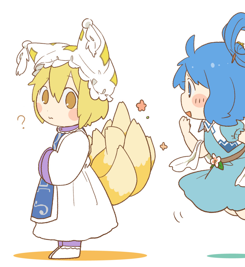 2girls :s ? ahoge animal_ears blonde_hair blue_dress blue_eyes blue_hair blue_tabard blush_stickers chibi citrus_(place) commentary_request dress fox_ears fox_tail full_body hair_rings hand_up hands_in_opposite_sleeves hat highres kaku_seiga kitsune looking_at_another mob_cap multiple_girls multiple_tails profile puffy_short_sleeves puffy_sleeves short_sleeves simple_background standing tabard tail touhou vest white_background yakumo_ran yellow_eyes