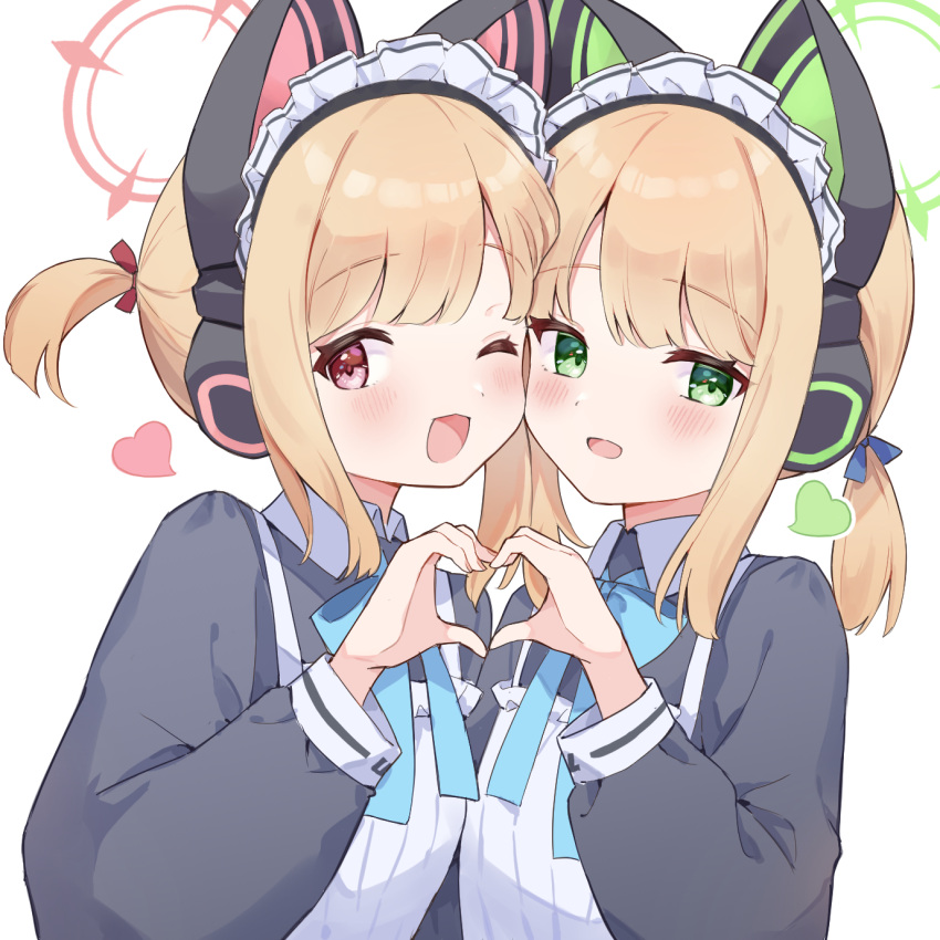 2girls ;d animal_ear_headphones animal_ears blonde_hair blue_archive blush cat_ear_headphones fake_animal_ears green_eyes halo headphones heart heart_hands heart_hands_duo highres long_sleeves looking_at_viewer maid maid_headdress midori_(blue_archive) midori_(maid)_(blue_archive) mola_mola momoi_(blue_archive) multiple_girls official_alternate_costume one_eye_closed open_mouth red_eyes short_hair siblings simple_background sisters smile twins white_background