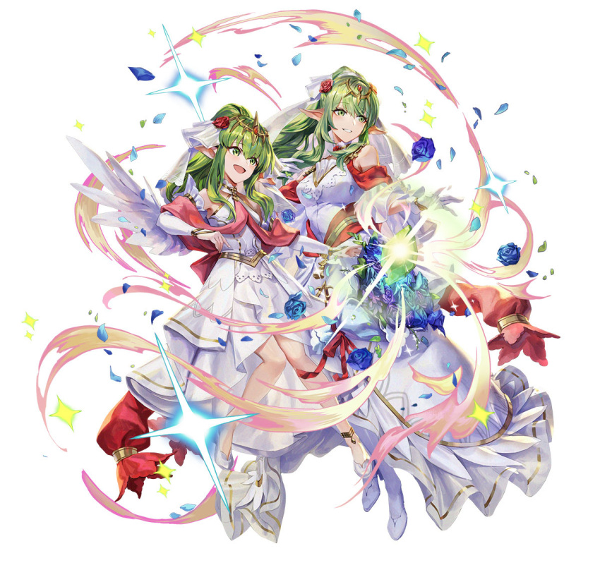 2girls attack bare_shoulders blue_flower bouquet breasts bridal_legwear bridal_veil choker dragonstone dress feather-trimmed_dress feather_trim fire_emblem fire_emblem:_mystery_of_the_emblem fire_emblem_awakening fire_emblem_heroes flower glowing green_eyes green_hair high_heels high_ponytail holding holding_bouquet medium_breasts multiple_girls official_alternate_costume official_art pointy_ears ponytail red_scarf scarf smile sparkle teeth tiara tiki_(adult)_(fire_emblem) tiki_(fire_emblem) tiki_(young)_(fire_emblem) veil white_background white_choker white_dress white_footwear