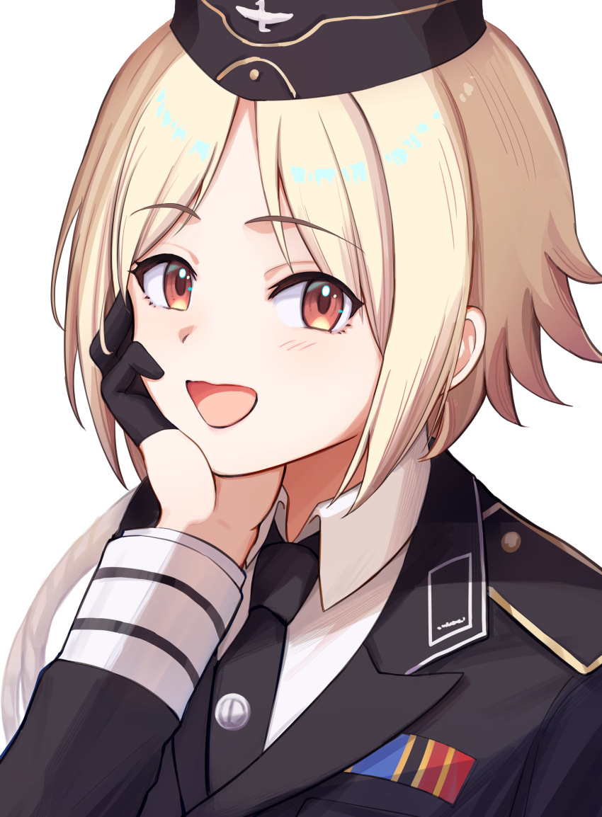 1girl :d absurdres black_gloves black_jacket black_necktie blonde_hair brown_eyes commentary commission english_commentary garrison_cap girls_frontline gloves half_gloves hand_on_own_face hat highres jacket long_sleeves looking_at_viewer military military_hat military_uniform mp40_(girls'_frontline) necktie open_mouth pixiv_commission ribbon_bar shirt short_hair simple_background smile solo uniform yotsuyama_(yomo8ama)