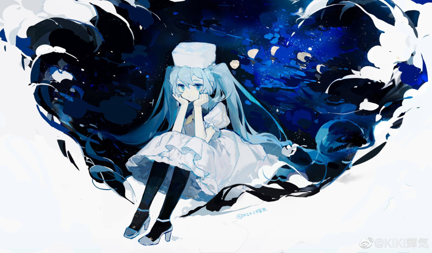 1girl black_pantyhose blue_eyes blue_hair chinese_commentary closed_mouth commentary_request dress expressionless fur_hat hat hatsune_miku highres kikihuihui long_hair neckerchief pantyhose papakha puffy_short_sleeves puffy_sleeves shoes short_sleeves sitting solo space space_print starry_sky_print strappy_heels twintails very_long_hair vocaloid water white_dress white_footwear white_headwear yellow_neckerchief