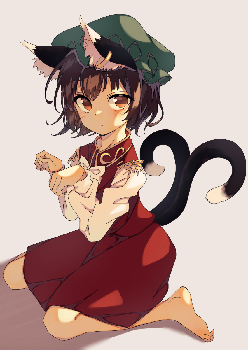 1girl absurdres animal_ear_fluff animal_ears barefoot blush brown_eyes brown_hair cat_ears cat_tail chen dot_nose dot_pupils dress earrings flat_chest green_headwear hat highres jewelry looking_to_the_side mob_cap multiple_tails nekomata on_ground open_mouth paw_pose red_dress ribbon seika_okawari shirt short_hair simple_background single_earring solo tail touhou two_tails white_background white_shirt yellow_ribbon