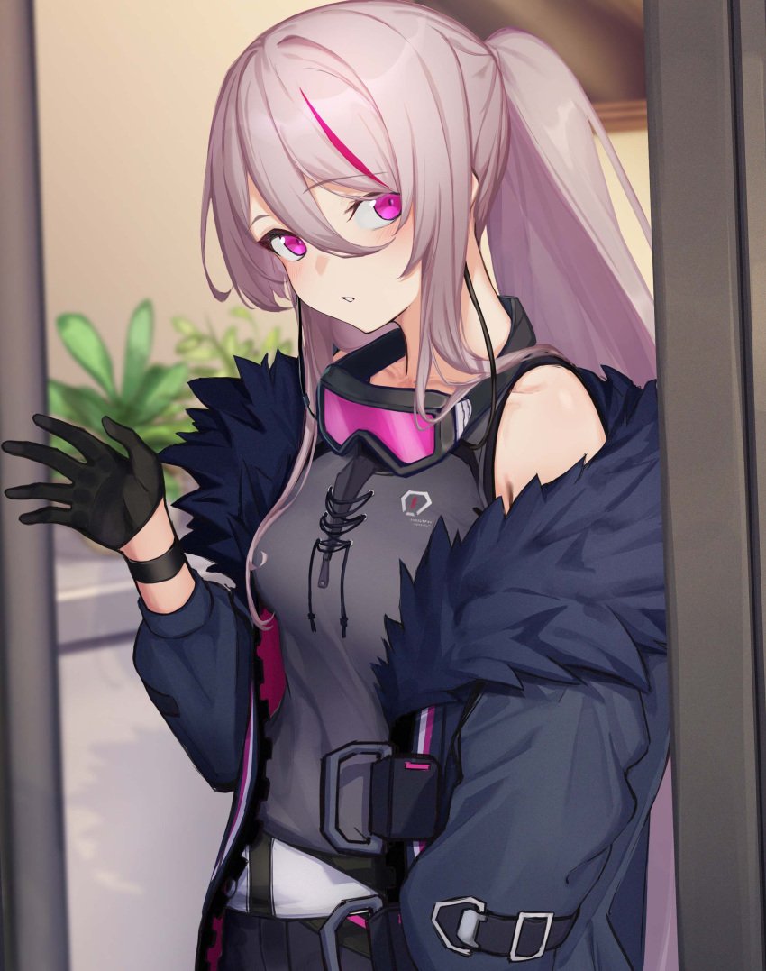 1girl 3_small_spiders absurdres black_gloves breasts coat commission doorway feather-trimmed_coat girls_frontline gloves goggles goggles_around_neck grey_coat grey_hair grey_tank_top highres long_hair looking_at_viewer medium_breasts multicolored_hair multiple_straps off_shoulder open_clothes open_coat ponytail purple_hair sidelocks single_glove skeb_commission solo streaked_hair t-cms_(girls'_frontline) tank_top tinted_eyewear truvelo_cms violet_eyes waving wristband