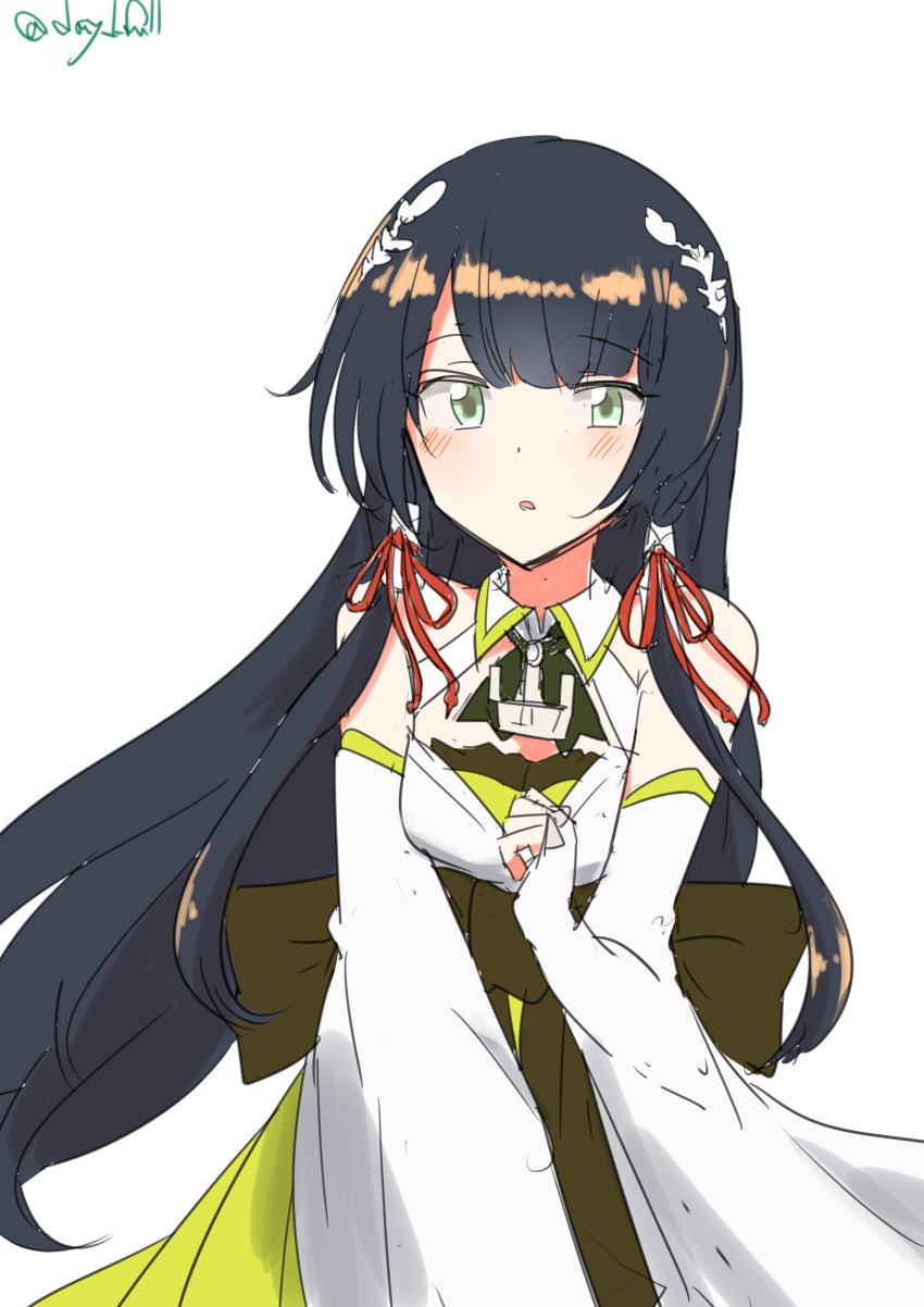 1girl absurdres black_hair commentary cowboy_shot dress green_shirt grey_eyes hair_ribbon highres kantai_collection long_hair mizuho_(kancolle) one-hour_drawing_challenge ribbon robinson_(day_l_full) shirt sidelocks simple_background solo tress_ribbon very_long_hair white_background white_dress wide_sleeves