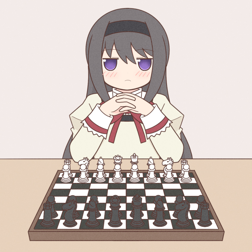1girl akemi_homura bishop_(chess) black_hair blush chess_piece chessboard closed_mouth highres king_(chess) knight_(chess) long_hair long_sleeves mahou_shoujo_madoka_magica own_hands_clasped own_hands_together pawn_(chess) queen_(chess) rook_(chess) solo violet_eyes yuno385
