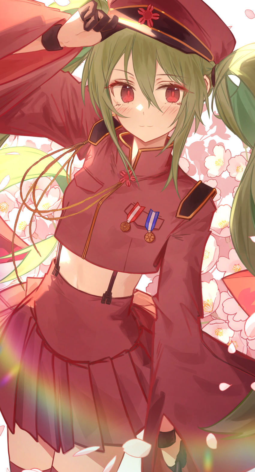 1girl :3 absurdres adjusting_clothes adjusting_headwear blush cherry_blossoms cropped_jacket floral_background gloves green_hair hair_between_eyes half_gloves hat hatsune_miku highres light_smile long_hair looking_at_viewer midriff mihoranran military military_uniform peaked_cap petals pleated_skirt red_eyes senbon-zakura_(vocaloid) skirt smile solo suspenders thigh-highs twintails uniform very_long_hair vocaloid wide_sleeves