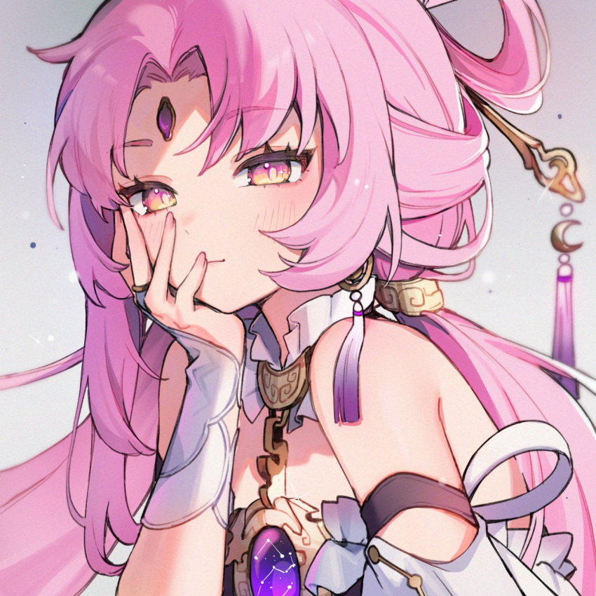 1girl bare_shoulders choker earrings forehead forehead_jewel fu_xuan_(honkai:_star_rail) hair_ornament hand_on_own_face highres honkai:_star_rail honkai_(series) jewelry looking_at_viewer necklace pink_eyes pink_hair solo upper_body white_background yenkoes