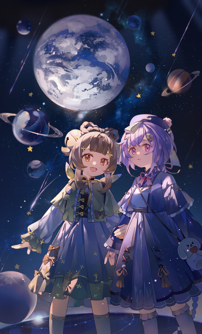 2girls adapted_costume alternate_costume bell blunt_bangs bow-shaped_hair braid chibi chinese_clothes coin_hair_ornament commentary_request genshin_impact hair_bell hair_between_eyes hair_ornament hat highres holding_another's_arm horizon jiangshi long_hair long_sleeves low_ponytail multiple_girls ofuda planet qing_guanmao qiqi_(genshin_impact) sevall sidelocks single_braid sky space star_(sky) starry_sky yaoyao_(genshin_impact) zettai_ryouiki