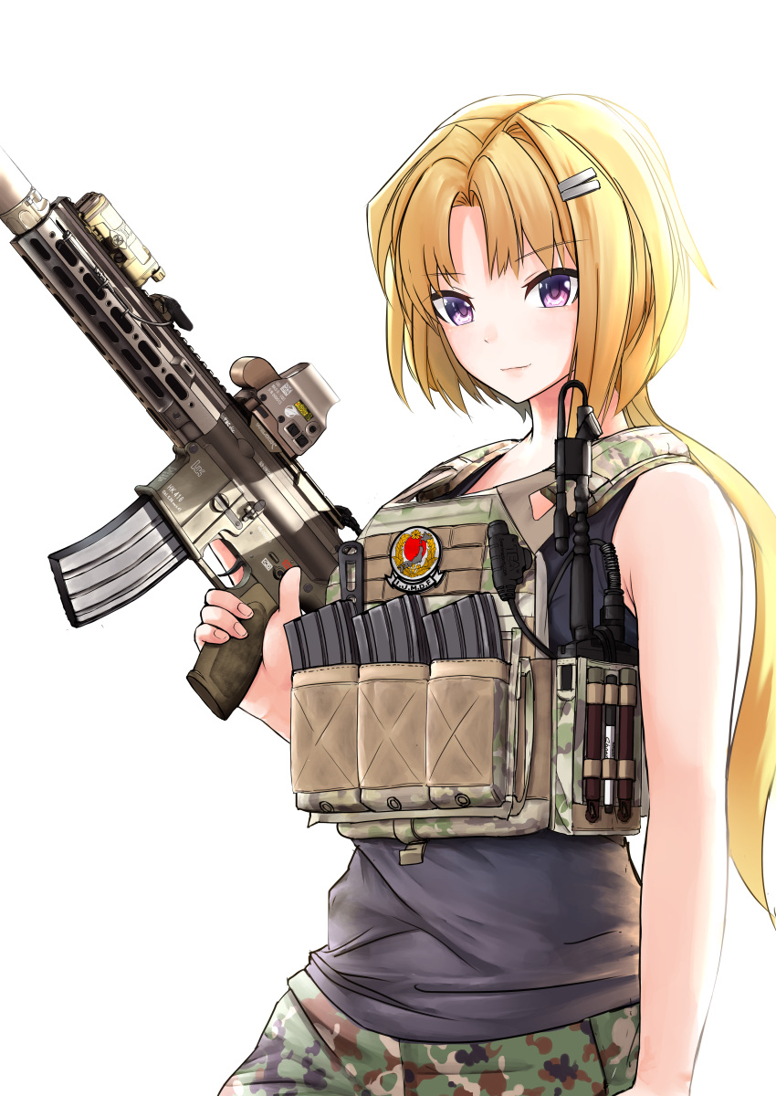 absurdres assault_rifle black_shirt black_tank_top blonde_hair bulletproof_vest camouflage camouflage_pants ellen_aice gun h&amp;k_hk416 hair_ornament hairclip highres holding holding_gun holding_weapon military muvluv pants ponytail rifle shirt tactical_clothes tank_top utsucan violet_eyes weapon white_background