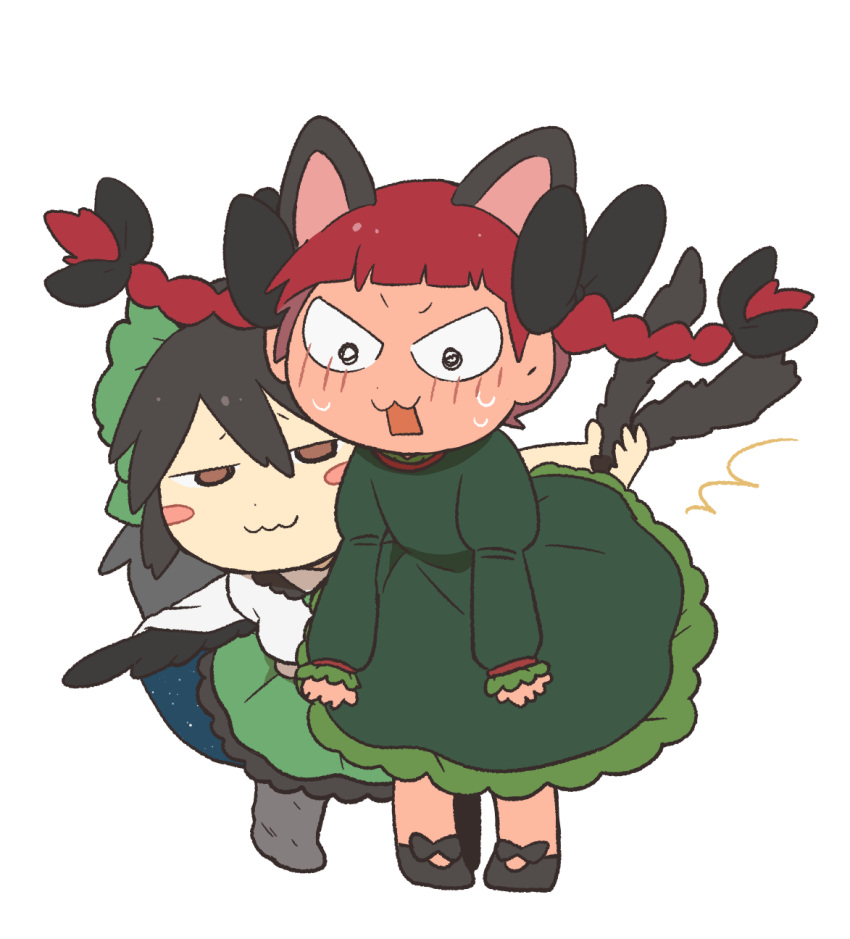 2girls :3 animal_ears bird_wings black_hair blunt_bangs blush blush_stickers bow braid brown_eyes cape cat_ears cat_tail chibi citrus_(place) commentary_request dress floating_hair flustered full-face_blush full_body green_dress hair_between_eyes hair_bow hair_ribbon half-closed_eyes highres jitome juliet_sleeves kaenbyou_rin long_sleeves multiple_girls multiple_tails nekomata pigeon-toed puffy_sleeves redhead reiuji_utsuho ribbon simple_background tail touhou tress_ribbon twin_braids two_tails v-shaped_eyebrows white_background wide-eyed wings