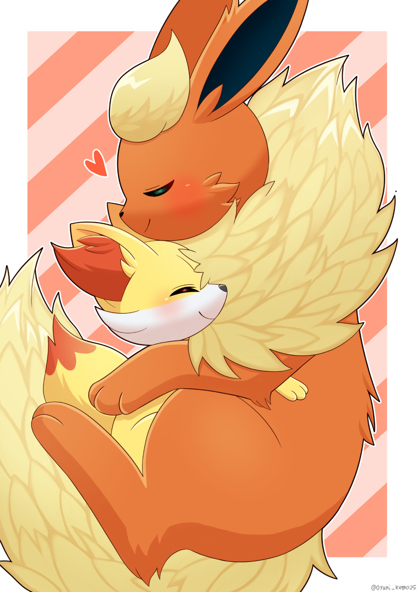 absurdres affectionate blush closed_eyes closed_mouth commentary_request fennekin flareon heart highres no_humans outline pokemon pokemon_(creature) smile yellow_fur yuni_(rrye7423)