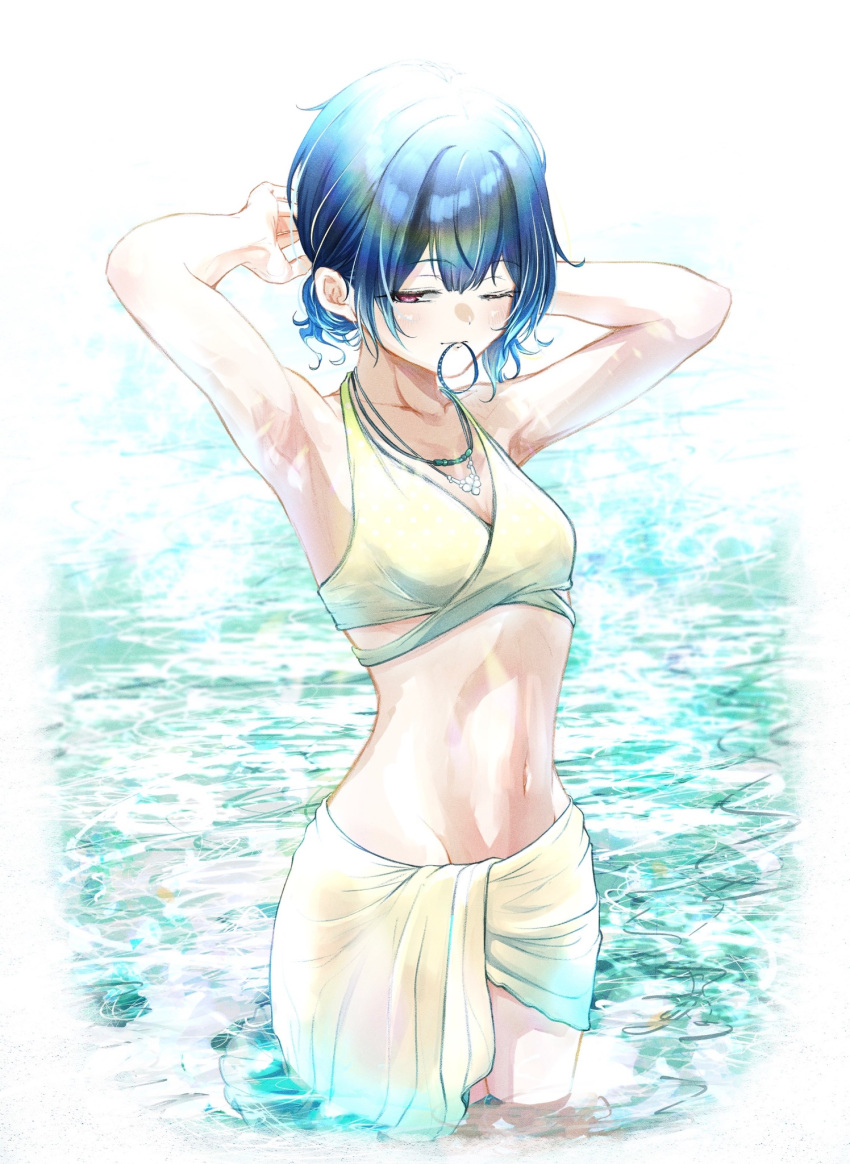 1girl armpits arms_up bikini black_hair commentary_request halterneck highres idolmaster idolmaster_shiny_colors jewelry looking_at_viewer morino_rinze navel necklace o_shiki one_eye_closed red_eyes rubber_band short_hair solo swimsuit wading water